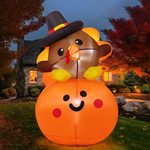5FT Inflatables Turkey Baby on Pumpkin Built-in LEDs Blow Up Yard Decoration - Picture 7 of 8